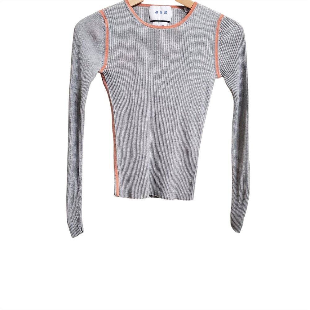 JED Womens Ribbed Silk Knit Top S Slim Fit Gray Long Sleeve Lightweight Stretch